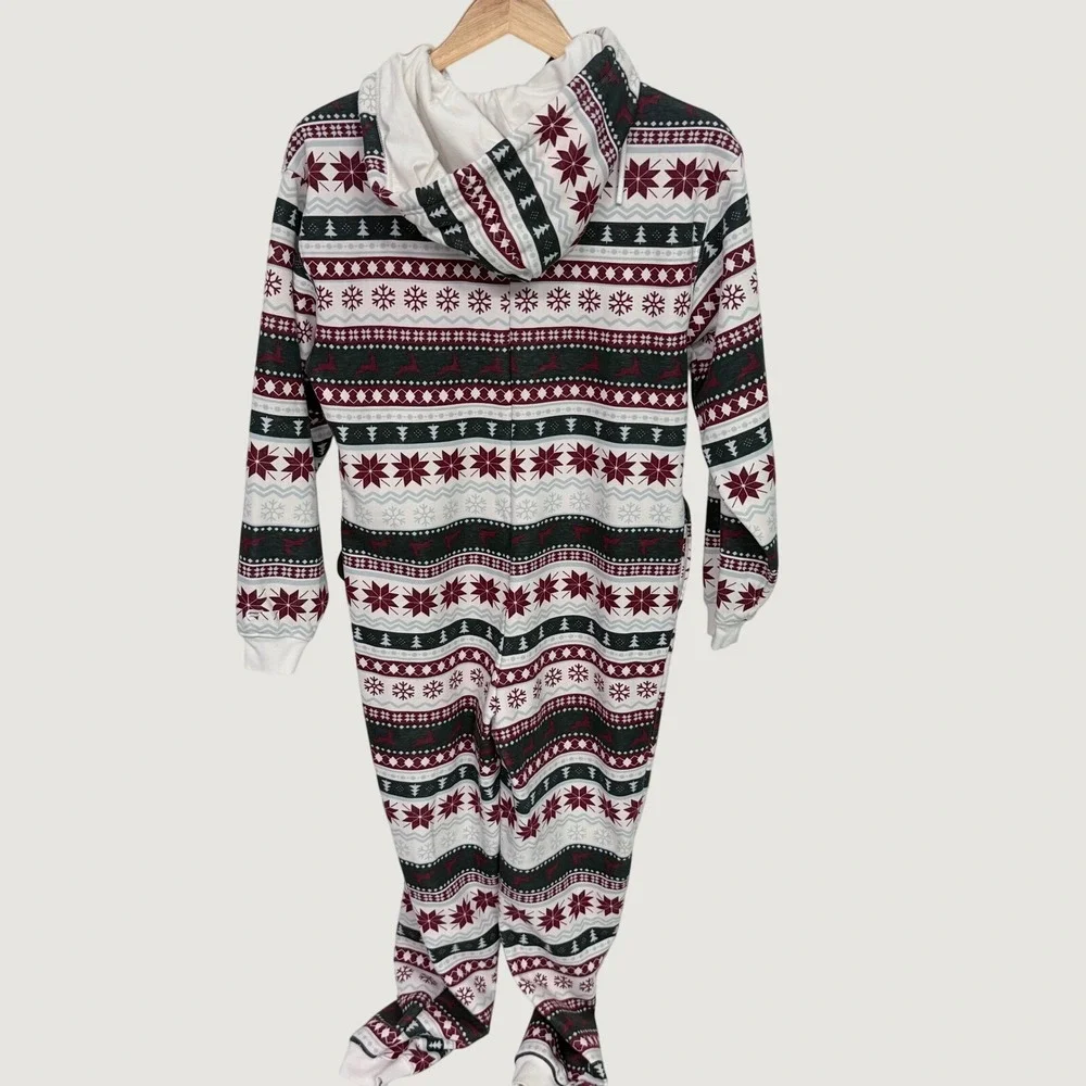 Fabletics Fair Isle Hooded Pajama Jumpsuit Red White Grey Snowflake XS ON2353110